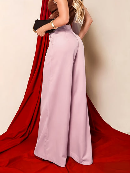 Elegant Khaki Wide Leg Trouser for Women with High Waist Button Detail Tailored Flowing Style