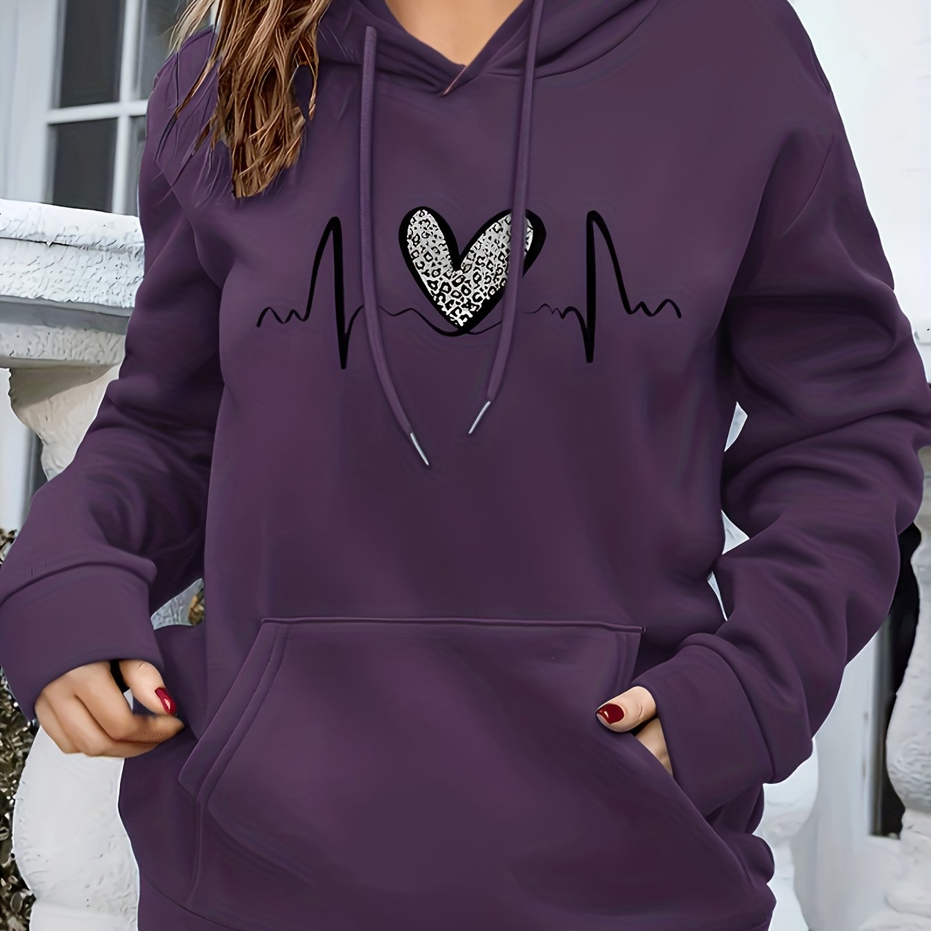 Comfortable Heartbeat Print Hoodie for Women with Drawstring Hood Long Sleeve Kangaroo Pocket Oversized Style
