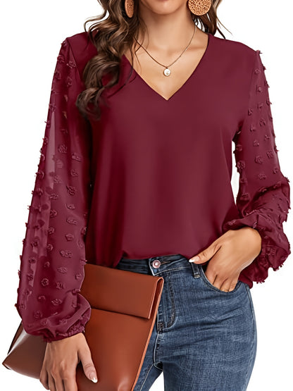 Elegant Swiss Dot Blouse for Women with V Neck Balloon Sleeve Sheer Cuff Relaxed Style