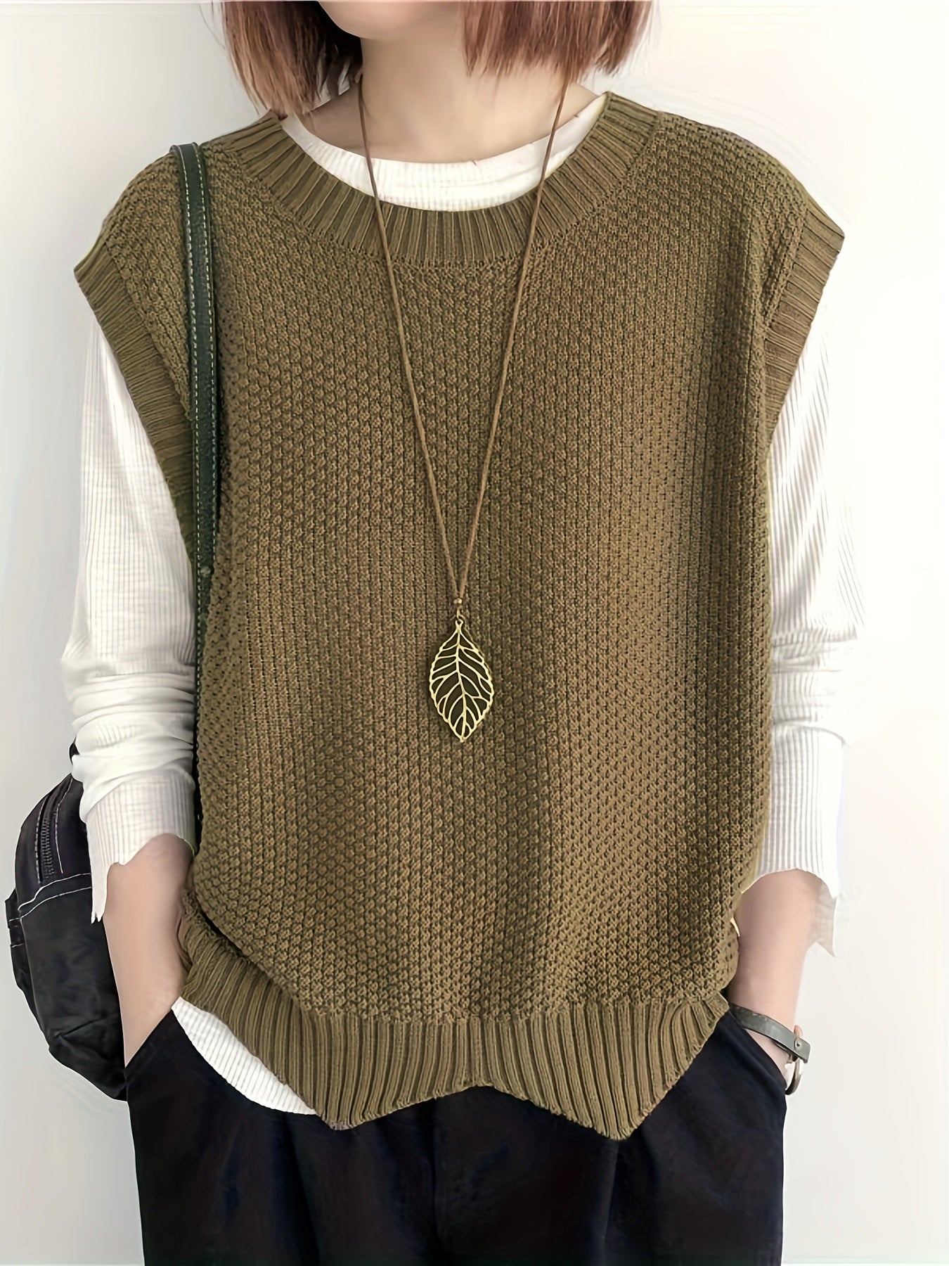 Comfortable Chunky Knit Sweater Vest for Women with Crew Neck Sleeveless Ribbed Trim Oversized Style