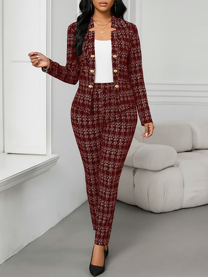 Elegant Plaid Tweed Two Piece Set for Women with Open Front Long Sleeve Blazer Tapered Pant Style