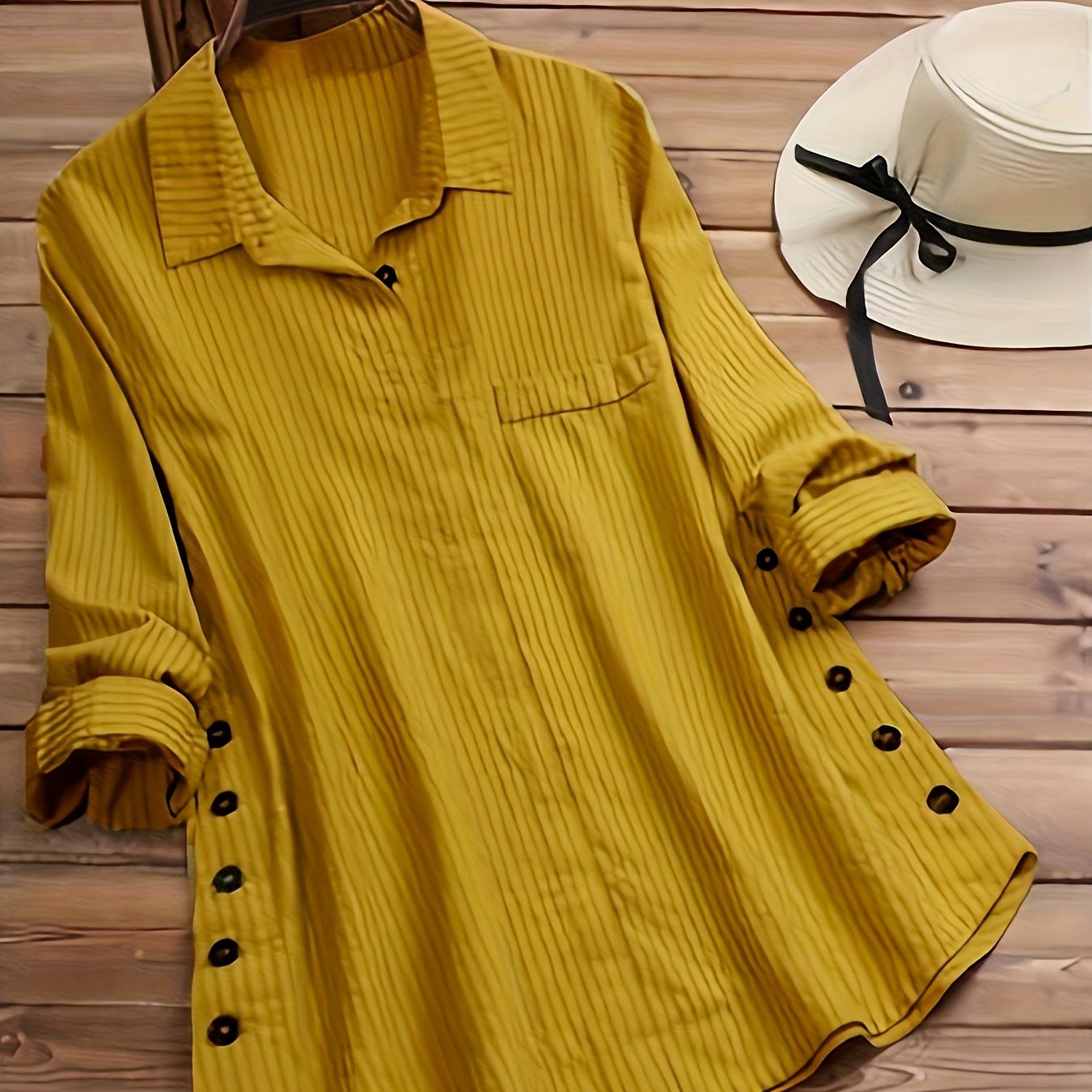 Effortless Striped Tunic Blouse for Women with Collar Long Sleeve Button Detail Relaxed Casual Style