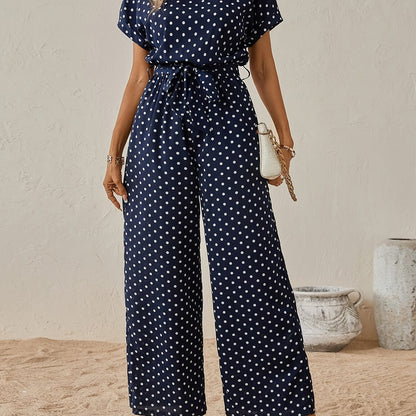 Effortless Polka Dot Jumpsuit for Women with Boat Neck Short Sleeve Belted Wide Leg Style
