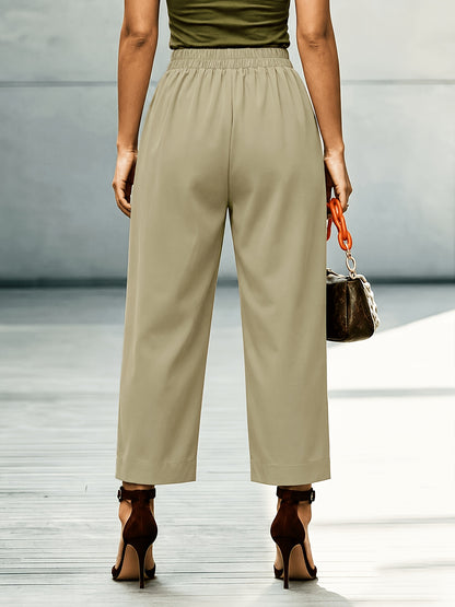 Effortless Khaki Tapered Pants for Women with High Waist Pleated Button Hem Relaxed Style