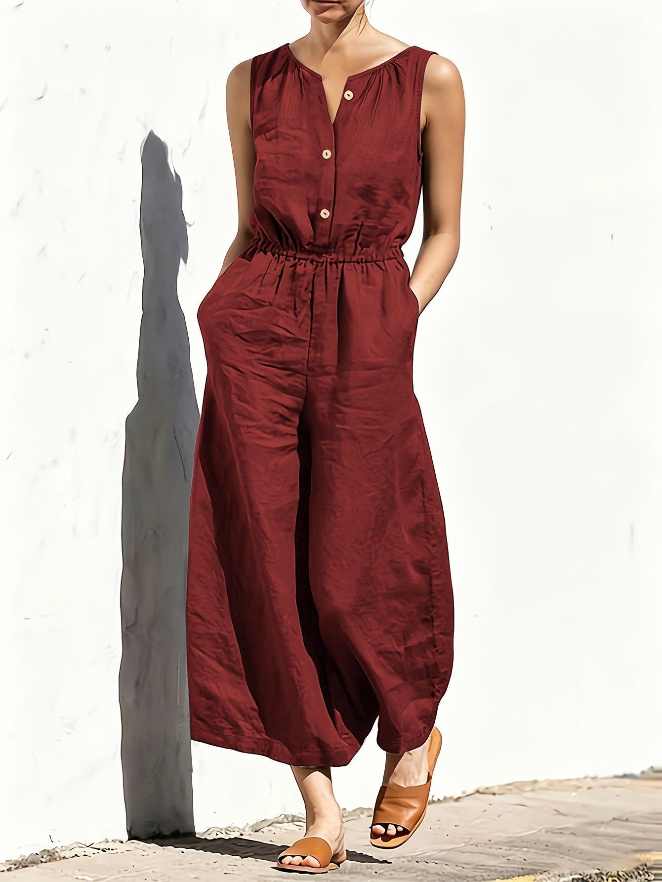 Effortless Navy Blue Linen Wide Leg Jumpsuit for Women with V Neck Sleeveless Button Front Relaxed Style