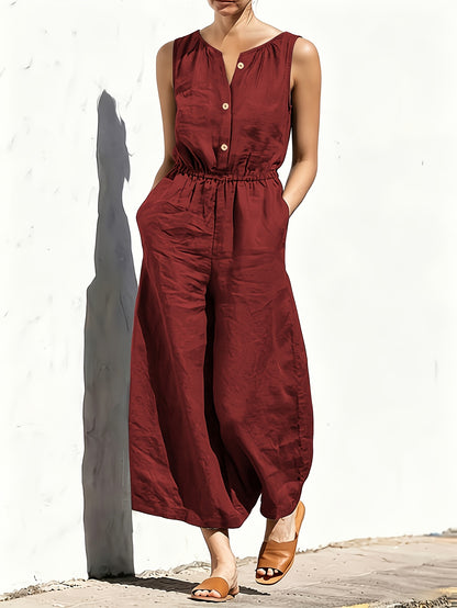 Effortless Navy Blue Linen Wide Leg Jumpsuit for Women with V Neck Sleeveless Button Front Relaxed Style