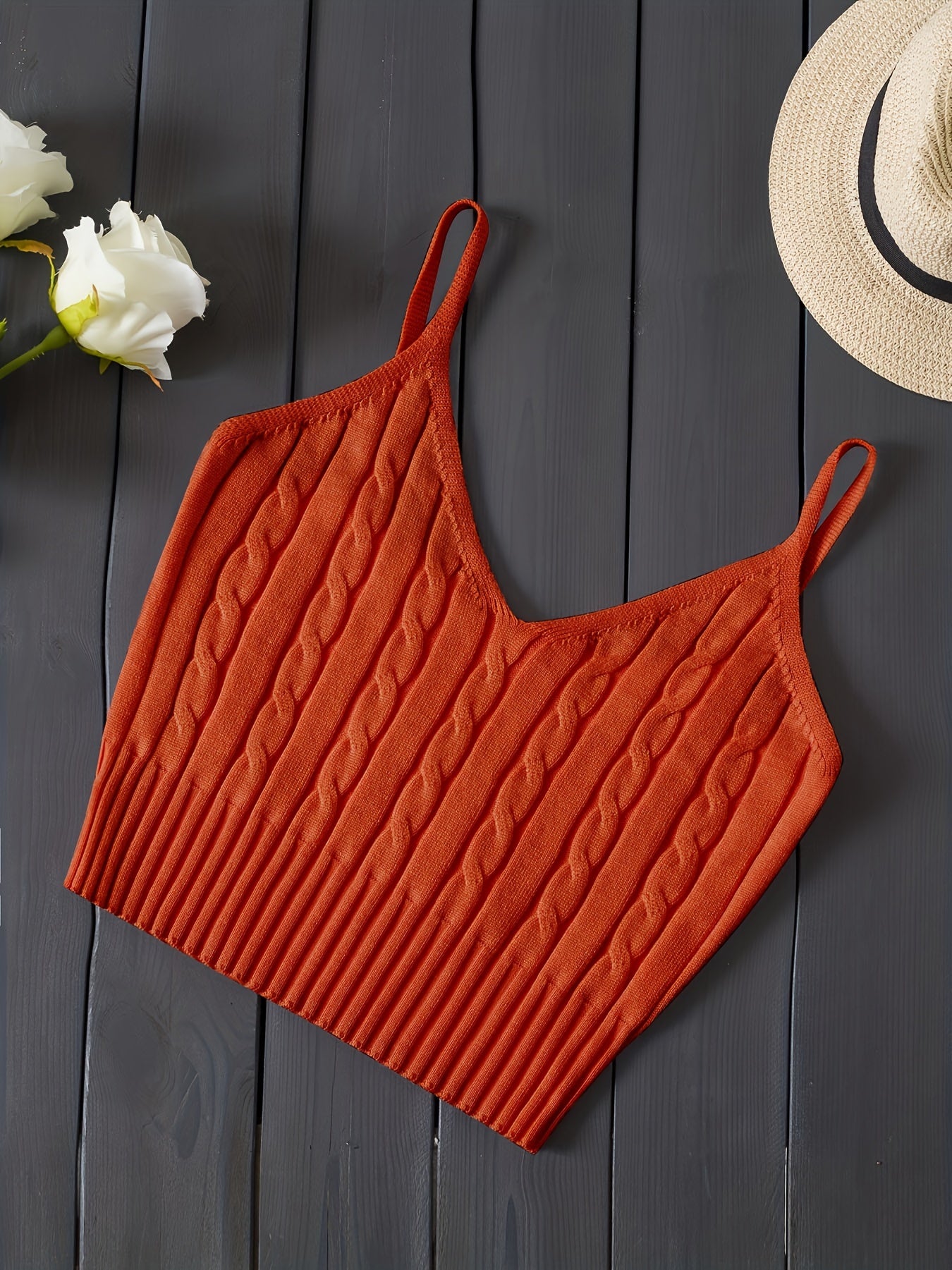 Effortless Cable Knit Crop Top for Women with V Neck Sleeveless Ribbed Fitted Tank Style