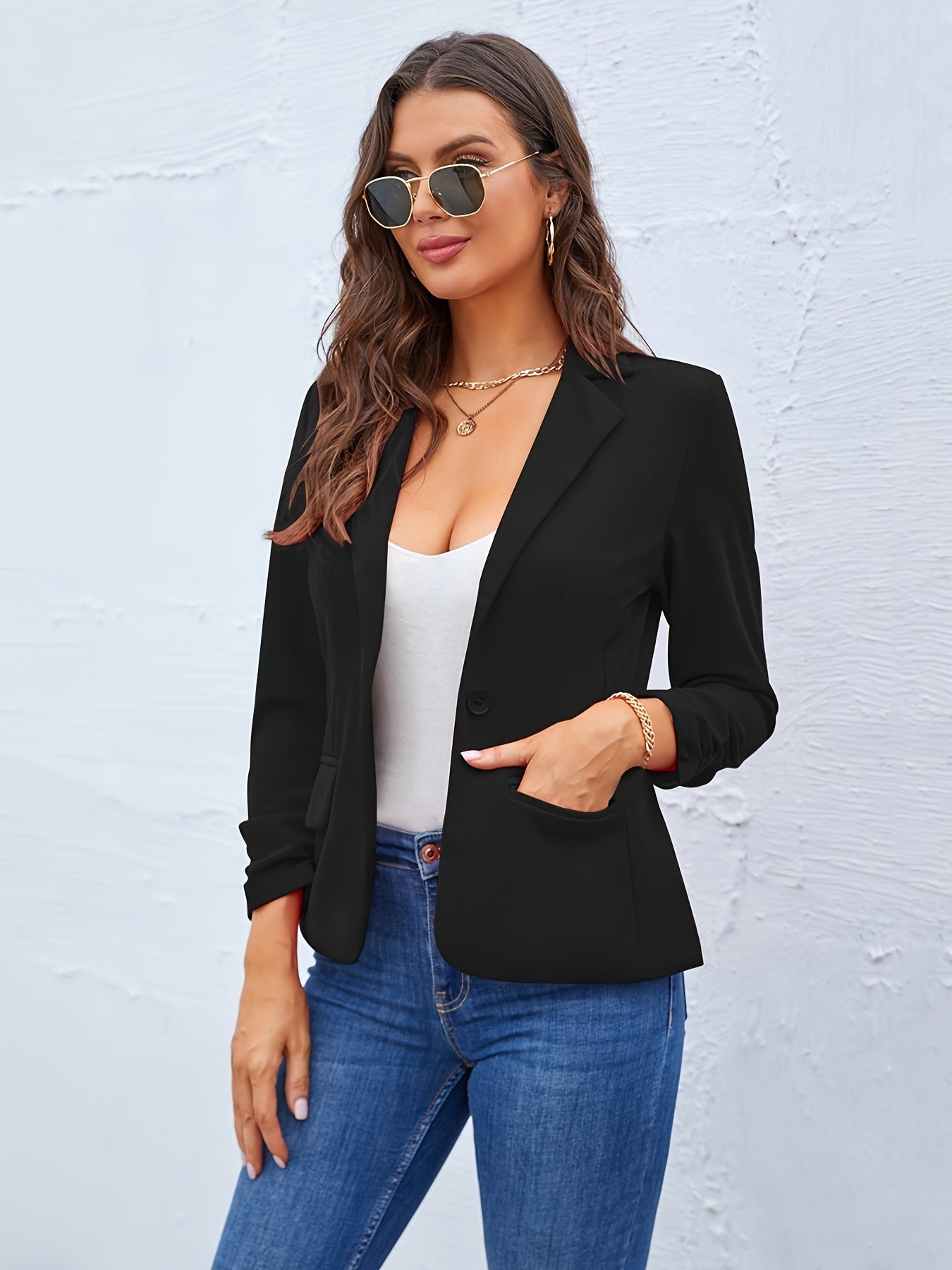 Elegant Black Blazer for Women with Notched Lapel Long Sleeve Ruched Cuff Tailored Style