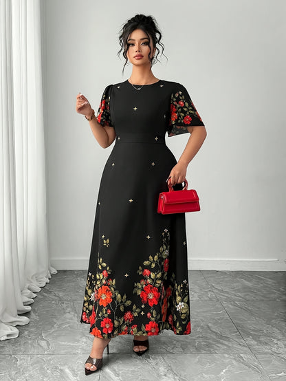 Elegant Black Floral Maxi Dress for Women with Round Neck Batwing Sleeve Cinched Waist Flowing Style