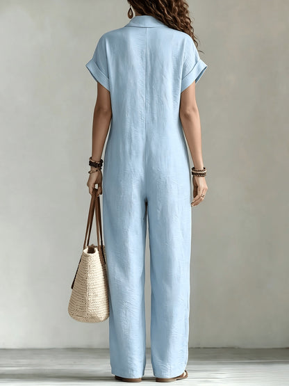 Effortless Linen Jumpsuit for Women with Collar Short Sleeve Button Front Wide Leg Casual Style