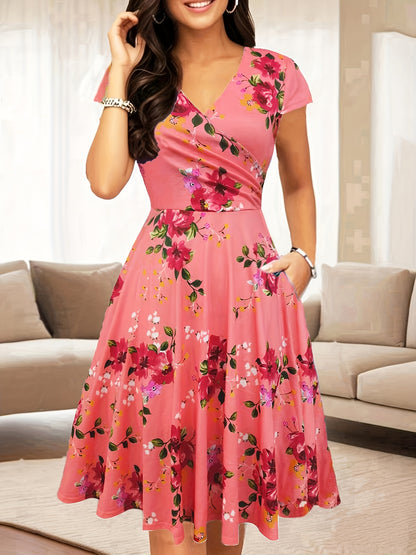 Elegant Floral Midi Dress for Women with V Neck Short Sleeve Wrap Fit and Flare Style