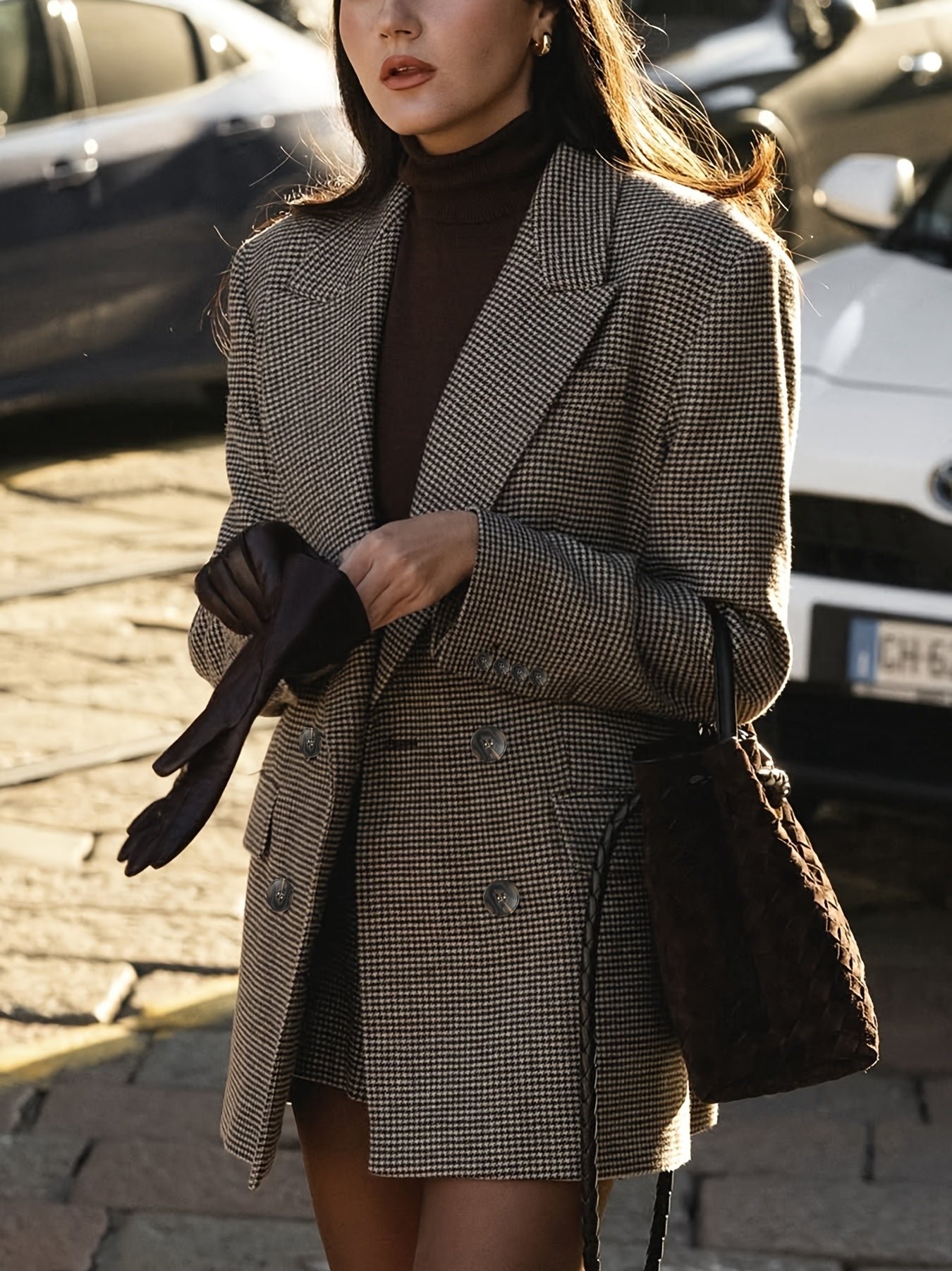 Elegant Coffee Brown Houndstooth Two Piece Set for Women with Notched Lapel Long Sleeve Blazer Shorts Casual Style