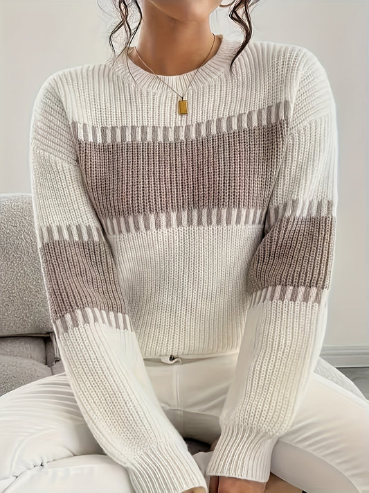 Comfortable Striped Colorblock Sweater for Women with Crew Neck Long Sleeve Ribbed Oversized Knit Style