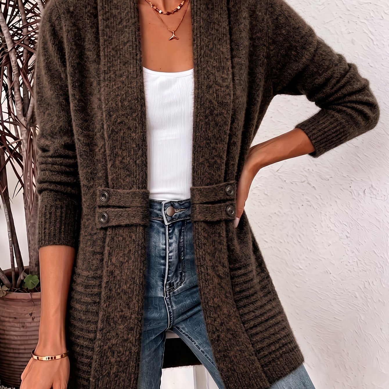 Comfortable Ribbed Knit Cardigan Sweater for Women with Shawl Collar Long Sleeve Button Detail Casual Style