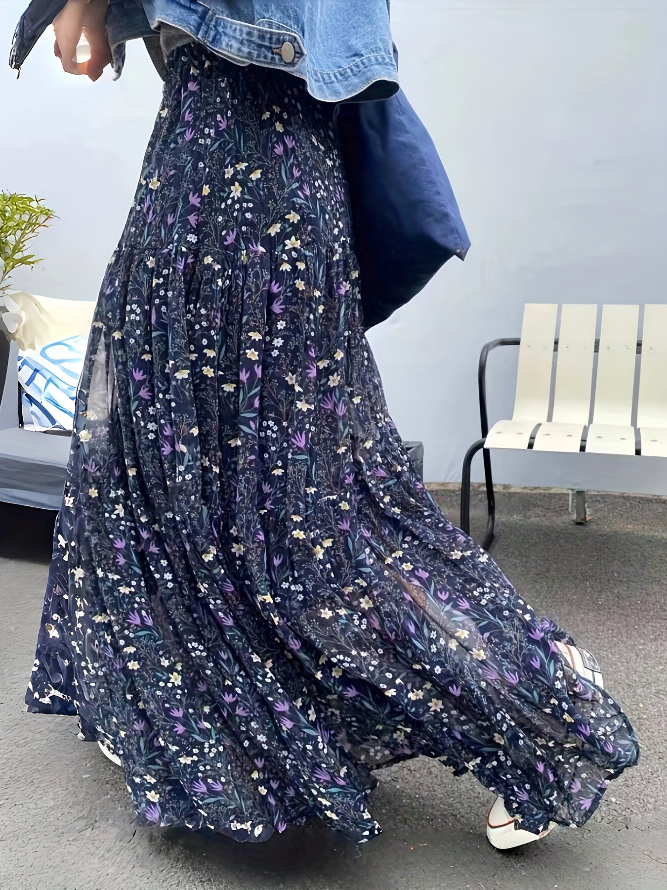 Effortless Blue Floral Maxi Skirt for Women with High Waist Tiered Ruffle Flowing Bohemian Style
