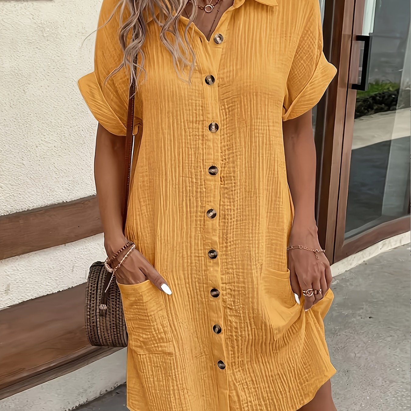 Effortless Textured Cotton Shirt Dress for Women with Collar Short Sleeve Button Front Relaxed Style