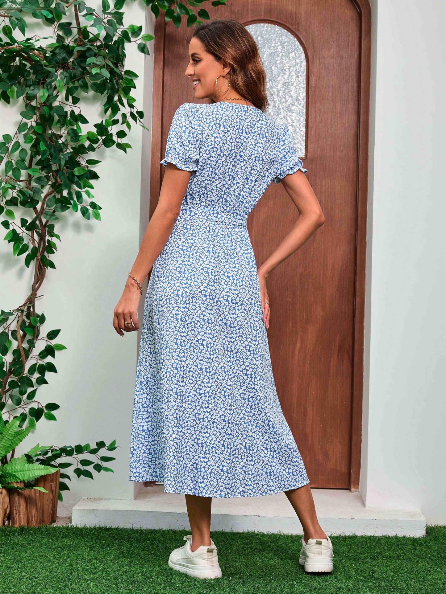 Effortless Blue Floral Maxi Dress for Women with V Neck Short Sleeve Wrap High Slit Flowing Style