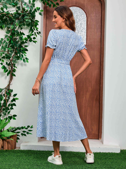 Effortless Blue Floral Maxi Dress for Women with V Neck Short Sleeve Wrap High Slit Flowing Style