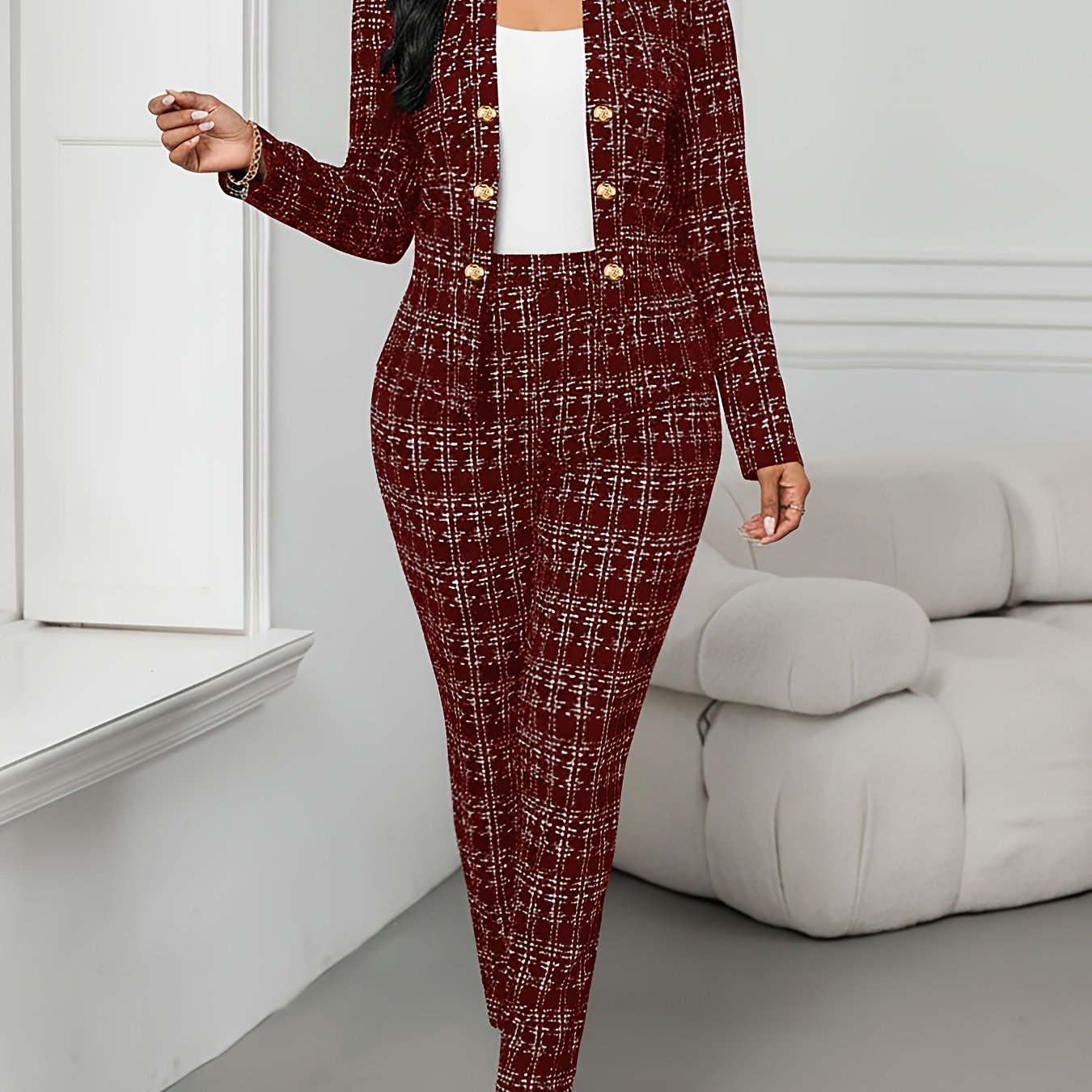 Elegant Plaid Tweed Two Piece Set for Women with Open Front Long Sleeve Blazer Tapered Pant Style