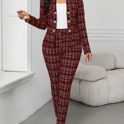 Elegant Plaid Tweed Two Piece Set for Women with Open Front Long Sleeve Blazer Tapered Pant Style