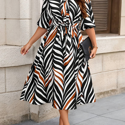 Effortless Chevron Print Maxi Dress for Women with V Neck Elbow Sleeve Wrap Tie Waist Flowing Style