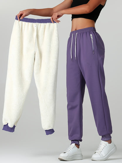 Comfortable Sherpa Lined Jogger Sweatpants for Women with High Waist Drawstring Zip Pocket Cinched Ankle Relaxed Style