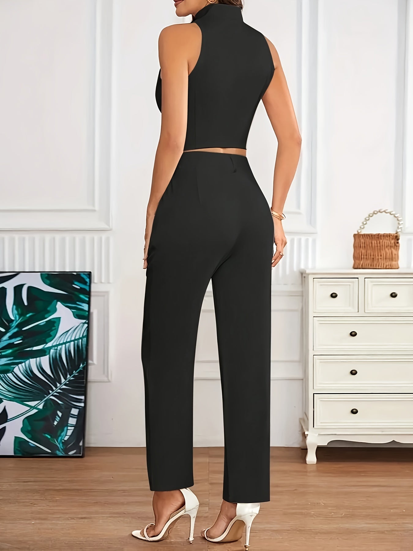 Elegant Vest Two Piece Set for Women with V Neck Sleeveless Button Front Tailored Style