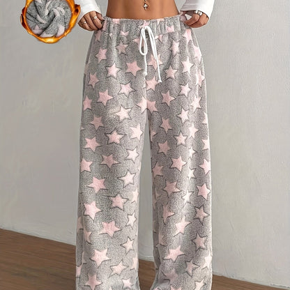 Comfortable Grey Star Print Fleece Pajama Pants for Women with High Waist Drawstring Wide Leg Cozy Style