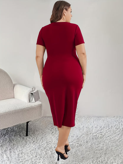 Elegant Bodycon Midi Dress for Women with Round Neck Short Sleeve Pearl Button Side Slit Cocktail Style