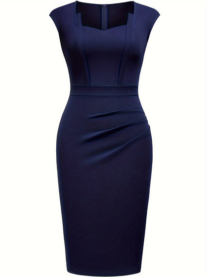 Elegant Ruched Midi Dress for Women with Sweetheart Neckline Cap Sleeve Bodycon Formal Style