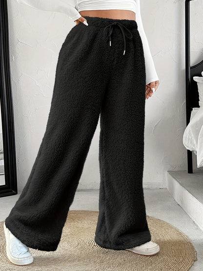 Comfortable Sherpa Wide Leg Pants for Women with High Waist Drawstring Relaxed Flowing Casual Style