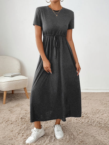 Effortless Drawstring Waist Maxi Dress for Women with Round Neck Short Sleeve Relaxed Flowing Pocket Style
