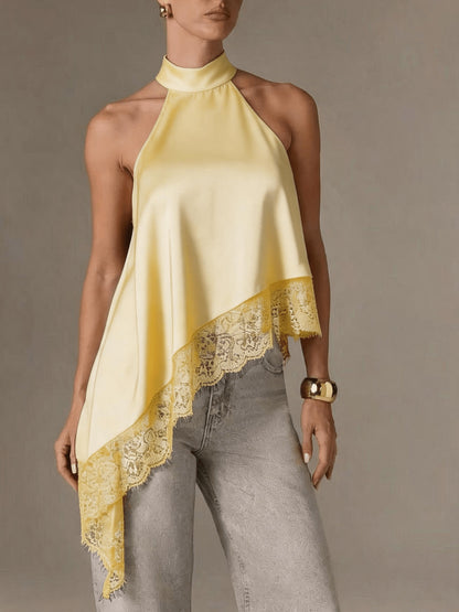 Irregular Patchwork Lace Neckline Halter Top, Women's Elegant Vest