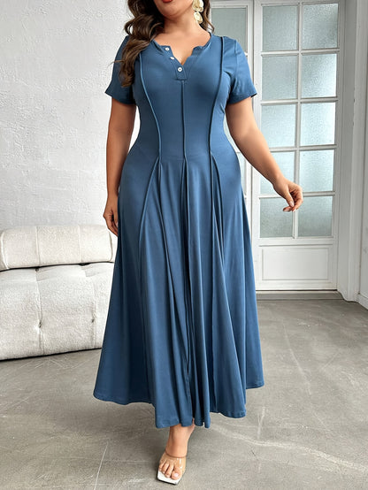 Elegant Peacock Blue Maxi Dress for Women with Notched Neck Short Sleeve Button Placket Flowing Style