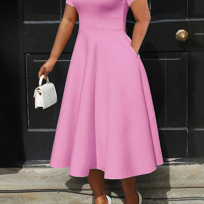 Elegant Rose Red Midi Dress for Women with Round Neck Short Sleeve Fit and Flare Pocket Style