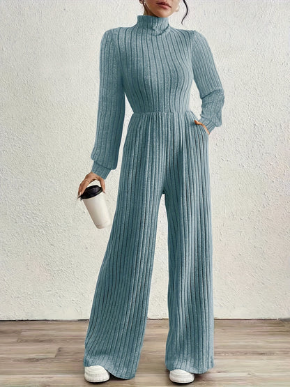 Effortless Ribbed Knit Jumpsuit for Women with Mock Neck Long Sleeve Wide Leg Relaxed Style