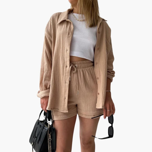 Effortless Textured Cotton Two Piece Set for Women with Collar Long Sleeve Button Front Drawstring Shorts Casual Style