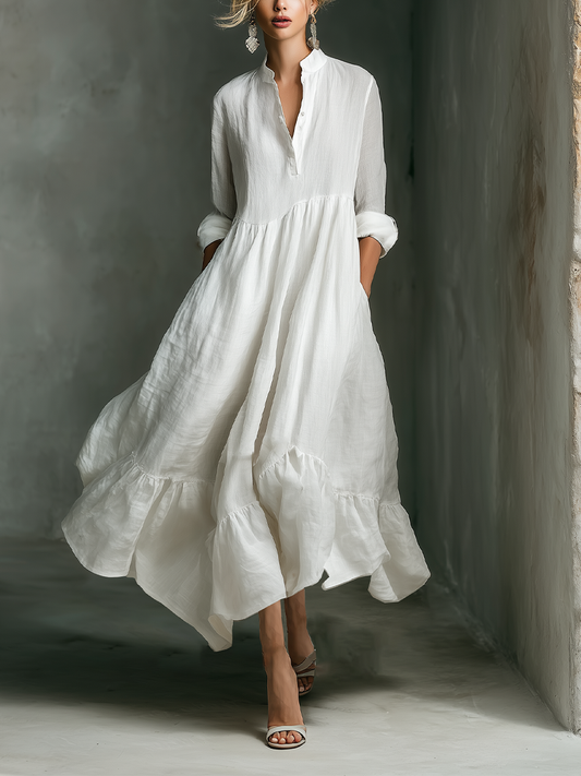 Effortless White Maxi Dress for Women with Stand Collar Button Placket Long Sleeve Tiered Linen Casual Style