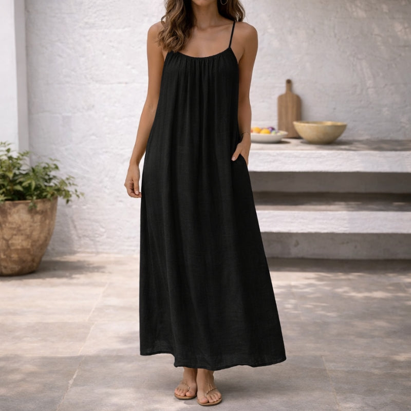 Effortless Linen Maxi Dress for Women with Scoop Neck Spaghetti Strap Flowy A Line Style