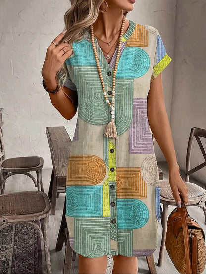 Women's Boho Mini Dress | Button-Front V-Neck