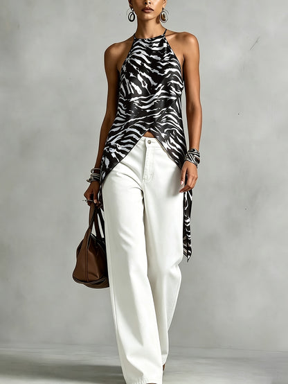 Elegant Brown Zebra Print Halter Top for Women with Sleeveless Asymmetrical Wrap Hem Flowing Style