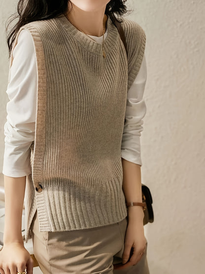 Comfortable Ribbed Knit Sweater Vest for Women with Crew Neck Sleeveless Relaxed Oversized Style