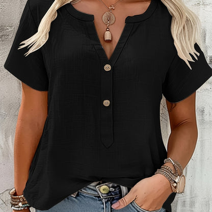 Effortless Textured Linen Blouse for Women with Notch V Neck Short Sleeve Button Front Relaxed Style