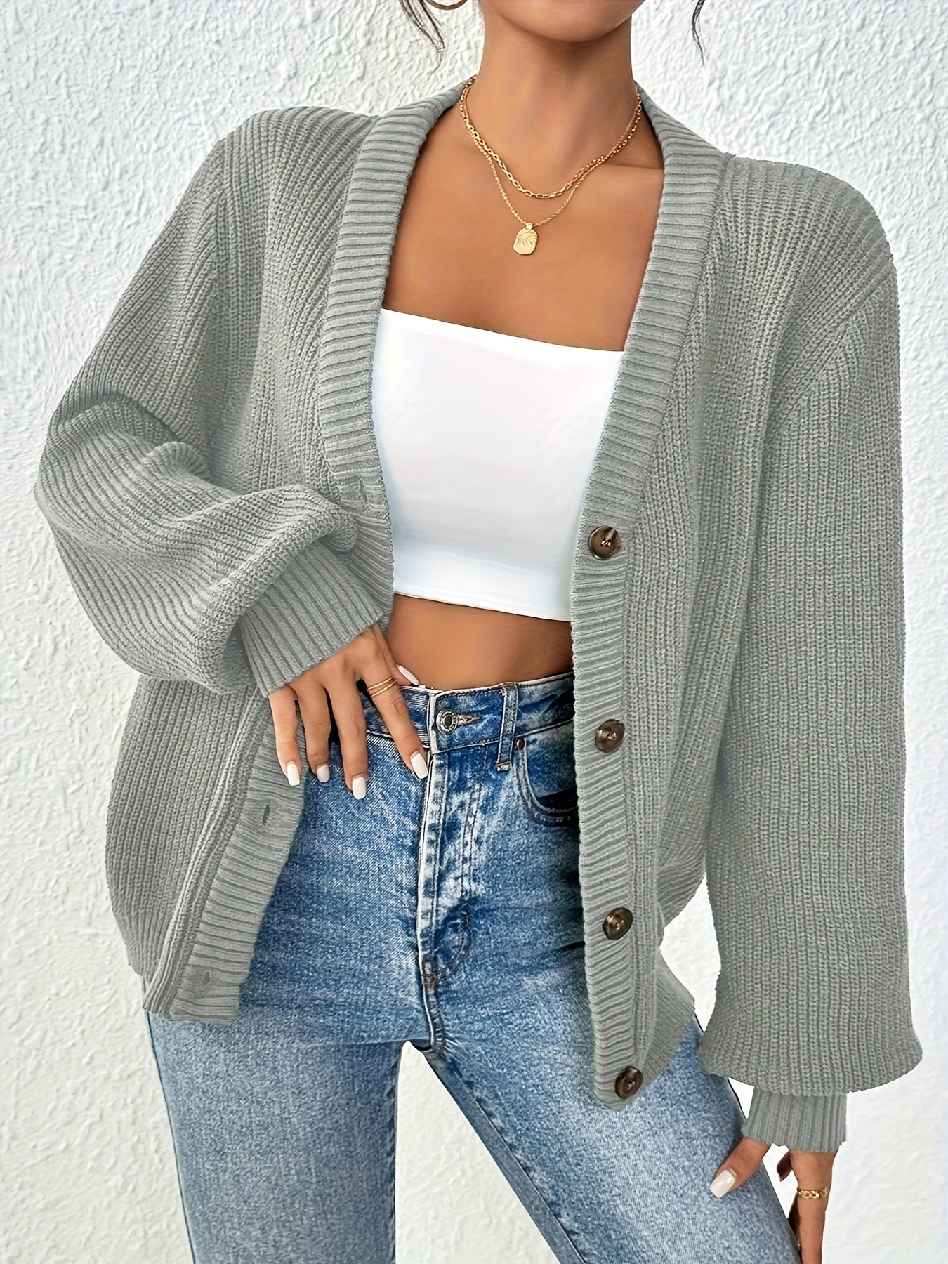 Comfortable Ribbed Cardigan Sweater for Women with V Neck Long Sleeve Button Front Oversized Knit Style