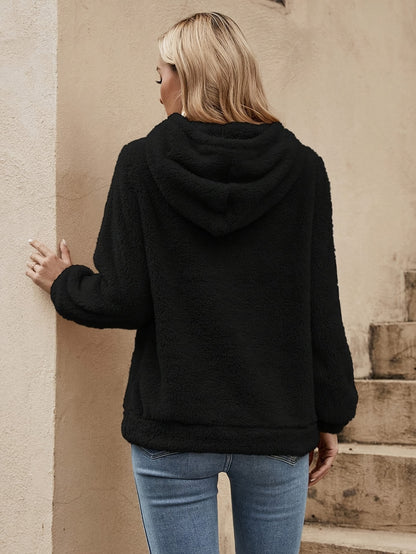 [Women's Teddy Hoodie] Women's Solid Color Teddy Hoodie - Casual Long Sleeve Drawstring Hooded Sweatshirt - Clothing