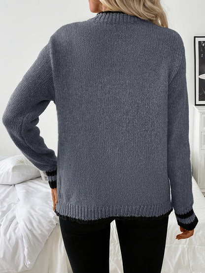 Comfortable Contrast Trim Cardigan Sweater for Women with V Neck Long Sleeve Button Front Ribbed Knit Style
