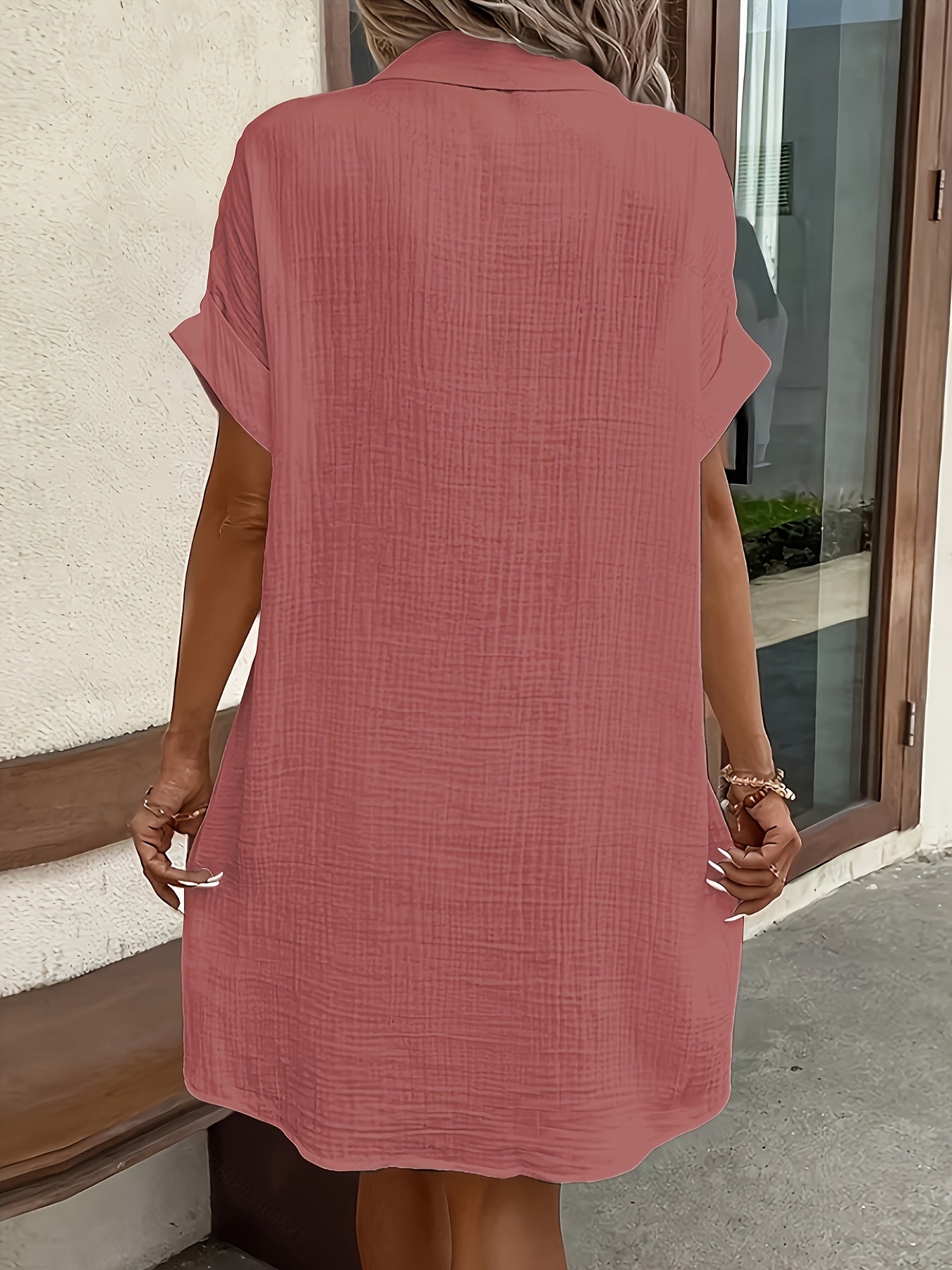 Effortless Textured Cotton Shirt Dress for Women with Collar Short Sleeve Button Front Relaxed Style