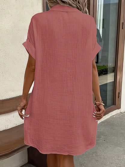 Effortless Textured Cotton Shirt Dress for Women with Collar Short Sleeve Button Front Relaxed Style