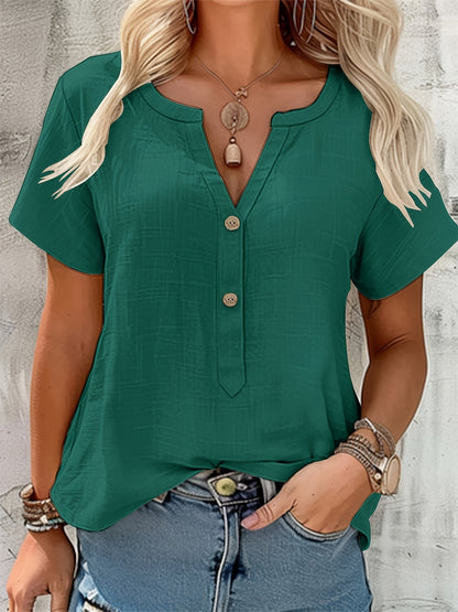 Effortless Textured Linen Blouse for Women with Notch V Neck Short Sleeve Button Front Relaxed Style