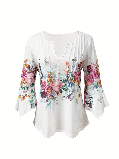 Elegant White Floral Blouse for Women with V Neck Bell Sleeve Button Front Relaxed Style
